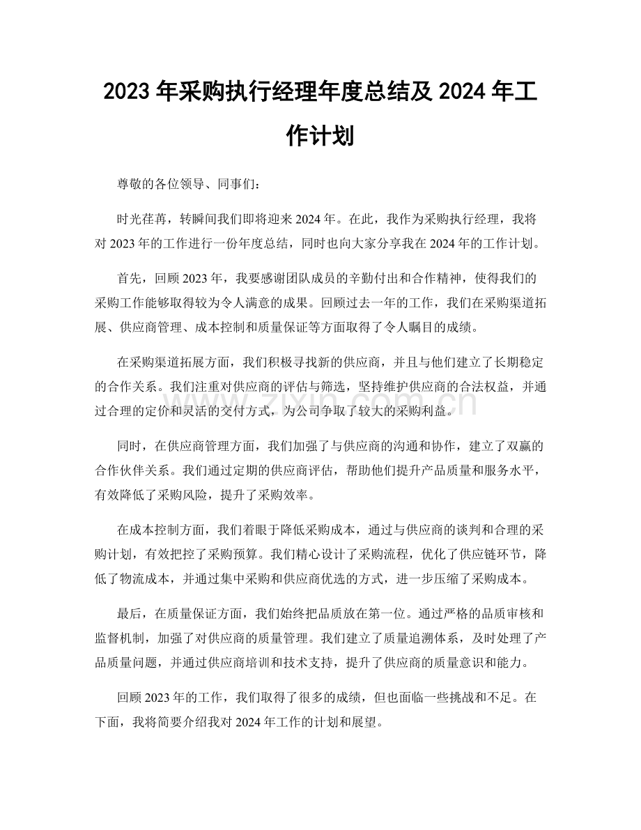 2023年采购执行经理年度总结及2024年工作计划.docx_第1页