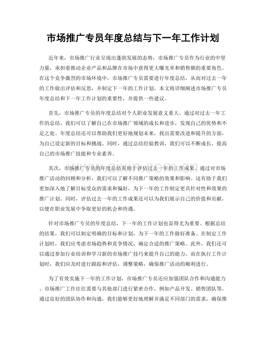 市场推广专员年度总结与下一年工作计划.docx_第1页