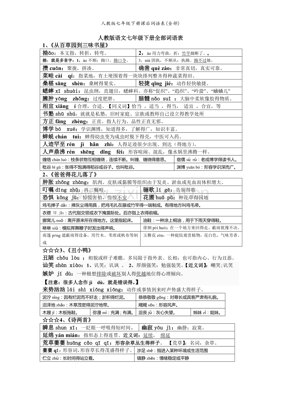 人教版七年级下册课后词语表(全部).doc_第1页