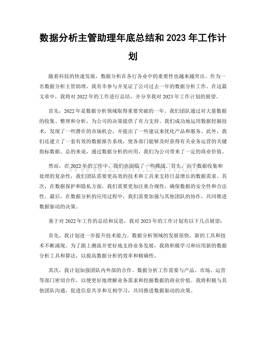 数据分析主管助理年底总结和2023年工作计划.docx_第1页