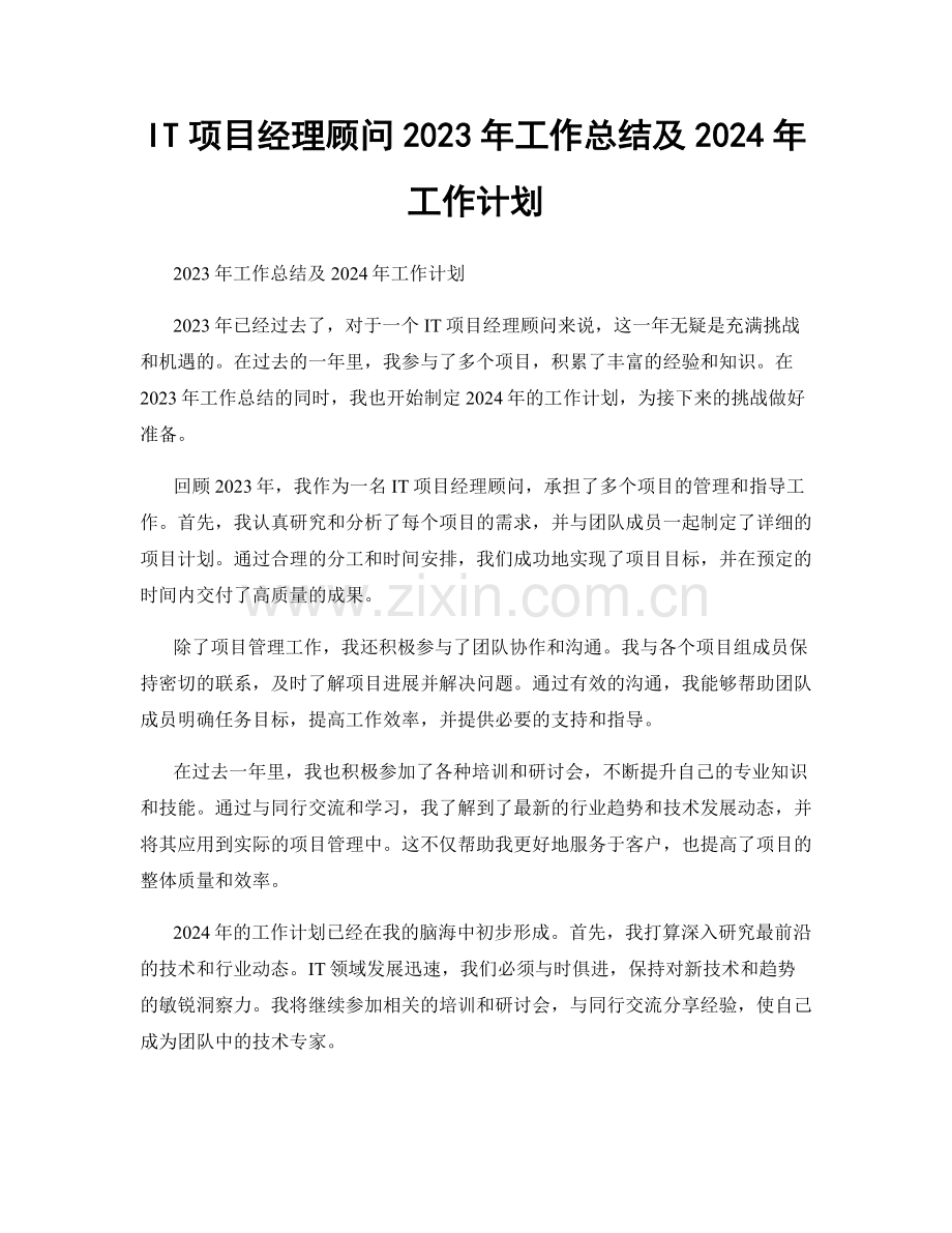 IT项目经理顾问2023年工作总结及2024年工作计划.docx_第1页