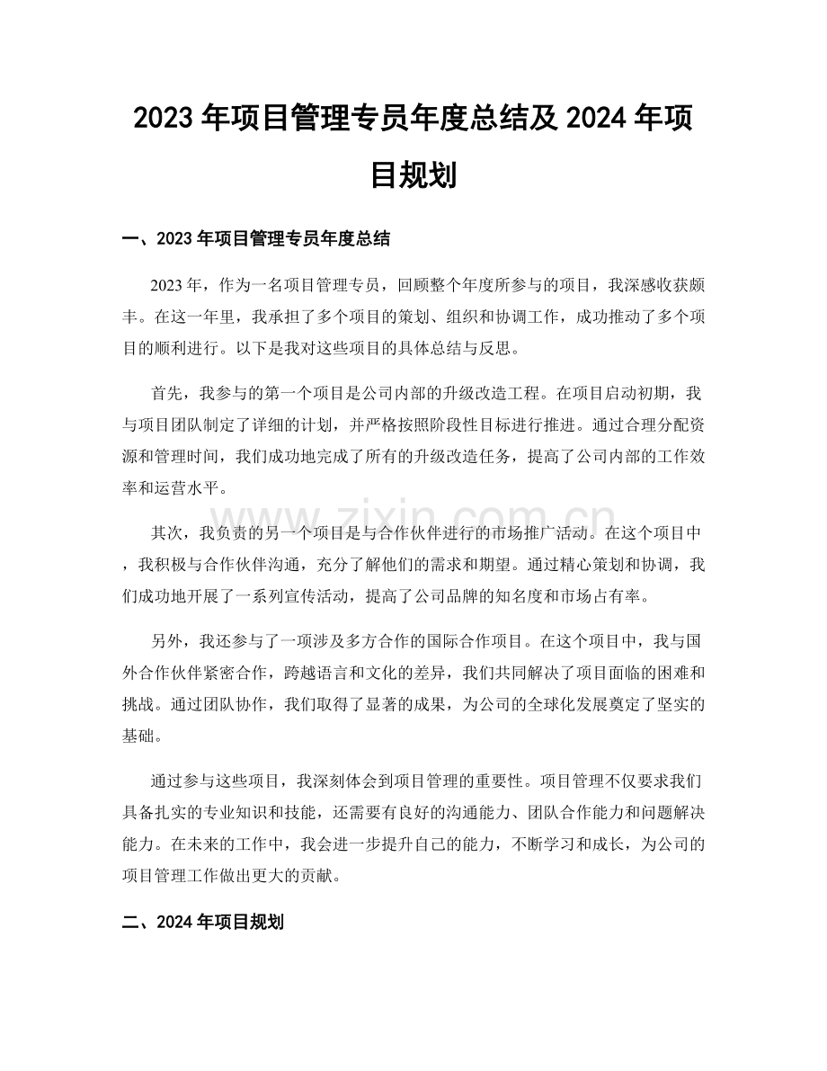 2023年项目管理专员年度总结及2024年项目规划.docx_第1页