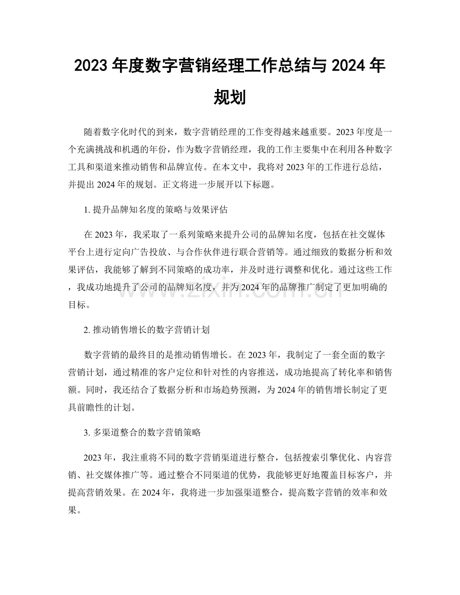 2023年度数字营销经理工作总结与2024年规划.docx_第1页