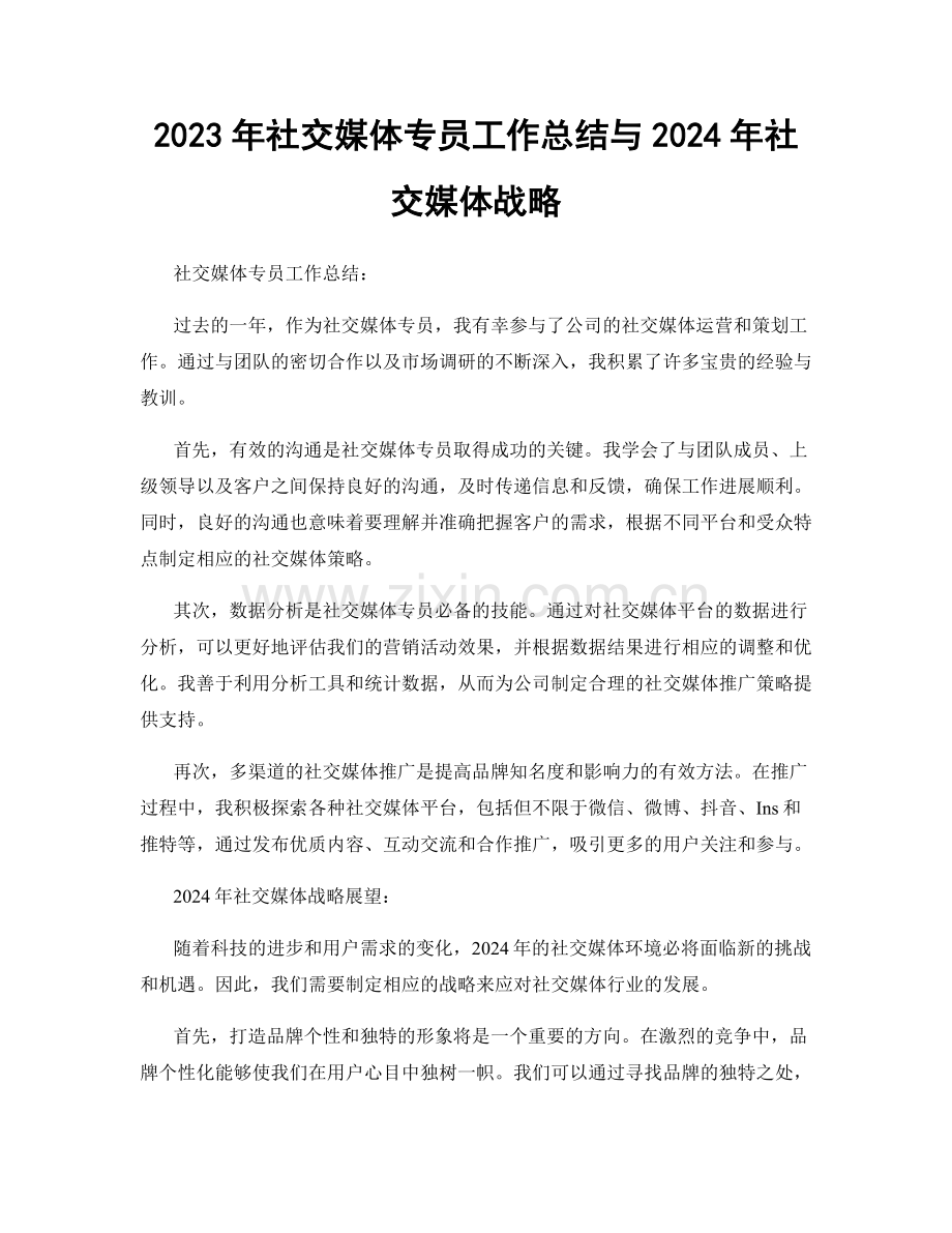 2023年社交媒体专员工作总结与2024年社交媒体战略.docx_第1页