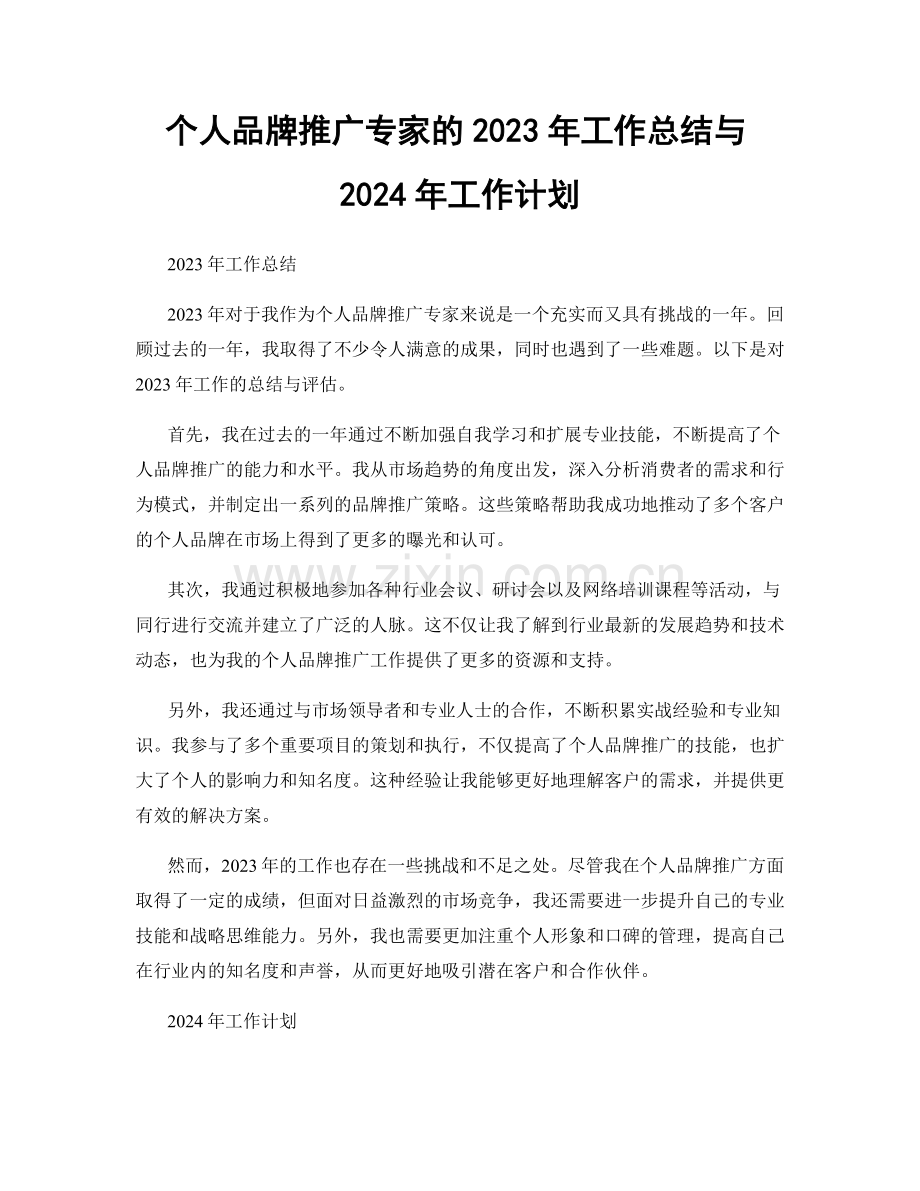 个人品牌推广专家的2023年工作总结与2024年工作计划.docx_第1页