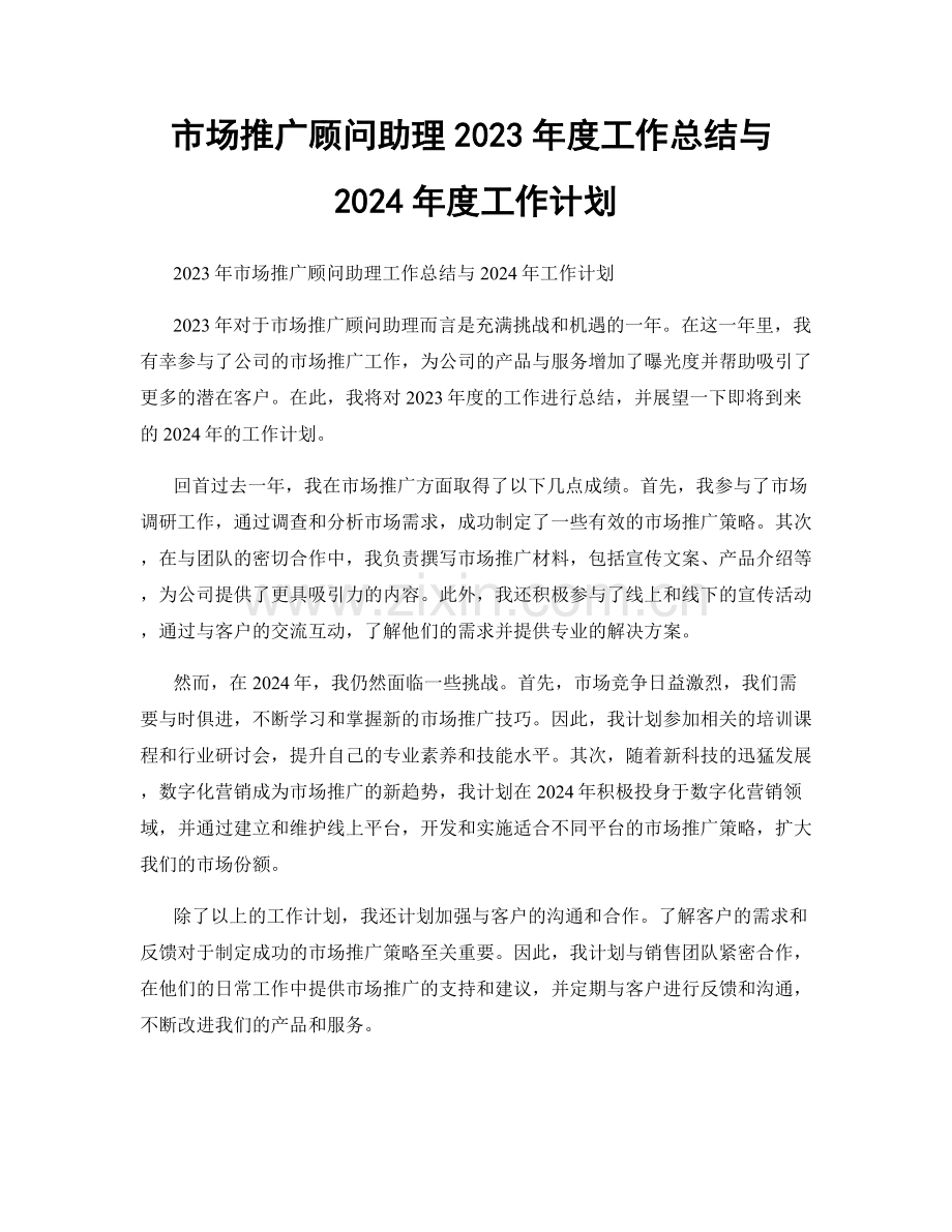 市场推广顾问助理2023年度工作总结与2024年度工作计划.docx_第1页