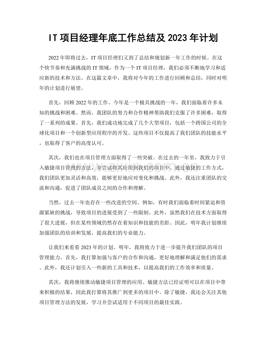 IT项目经理年底工作总结及2023年计划.docx_第1页