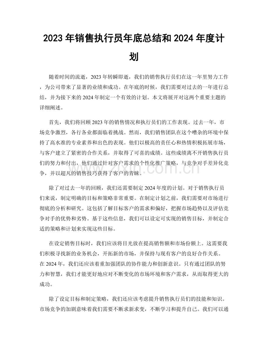 2023年销售执行员年底总结和2024年度计划.docx_第1页