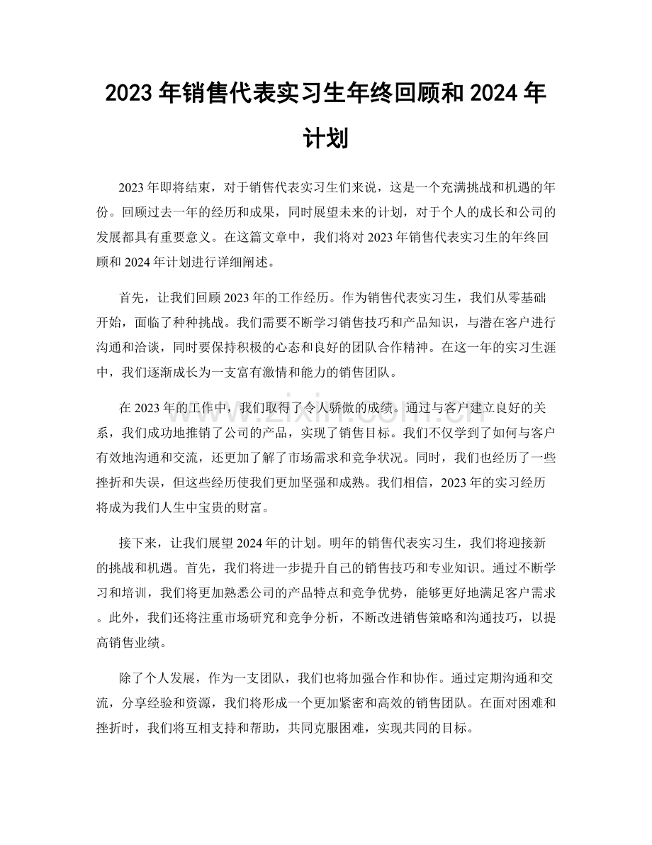 2023年销售代表实习生年终回顾和2024年计划.docx_第1页