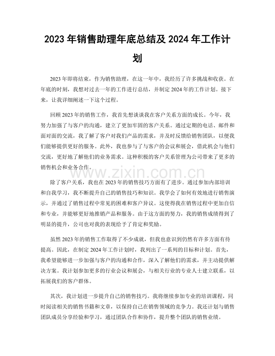 2023年销售助理年底总结及2024年工作计划.docx_第1页