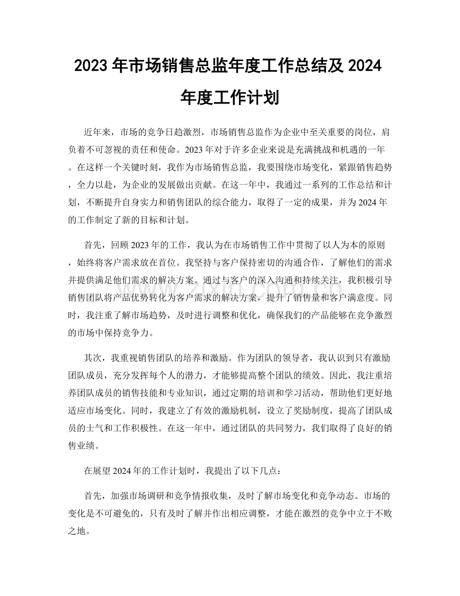 2023年市场销售总监年度工作总结及2024年度工作计划.docx_第1页