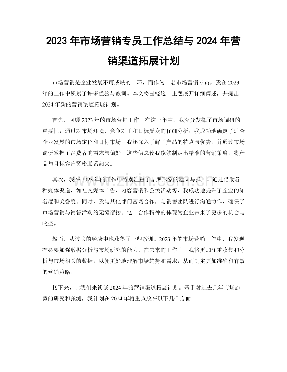 2023年市场营销专员工作总结与2024年营销渠道拓展计划.docx_第1页