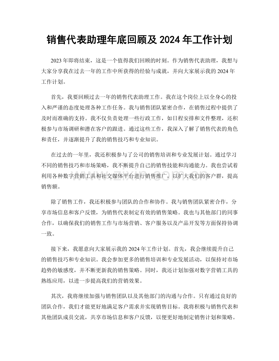 销售代表助理年底回顾及2024年工作计划.docx_第1页