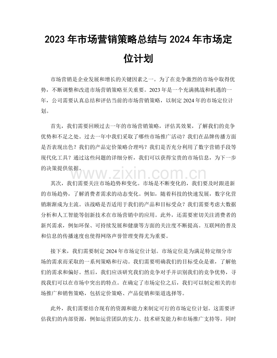 2023年市场营销策略总结与2024年市场定位计划.docx_第1页