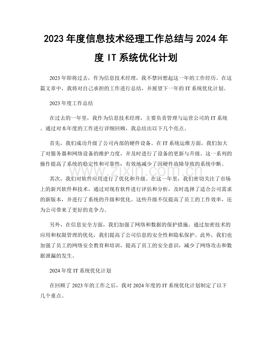 2023年度信息技术经理工作总结与2024年度IT系统优化计划.docx_第1页