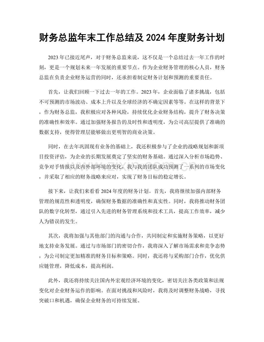 财务总监年末工作总结及2024年度财务计划.docx_第1页