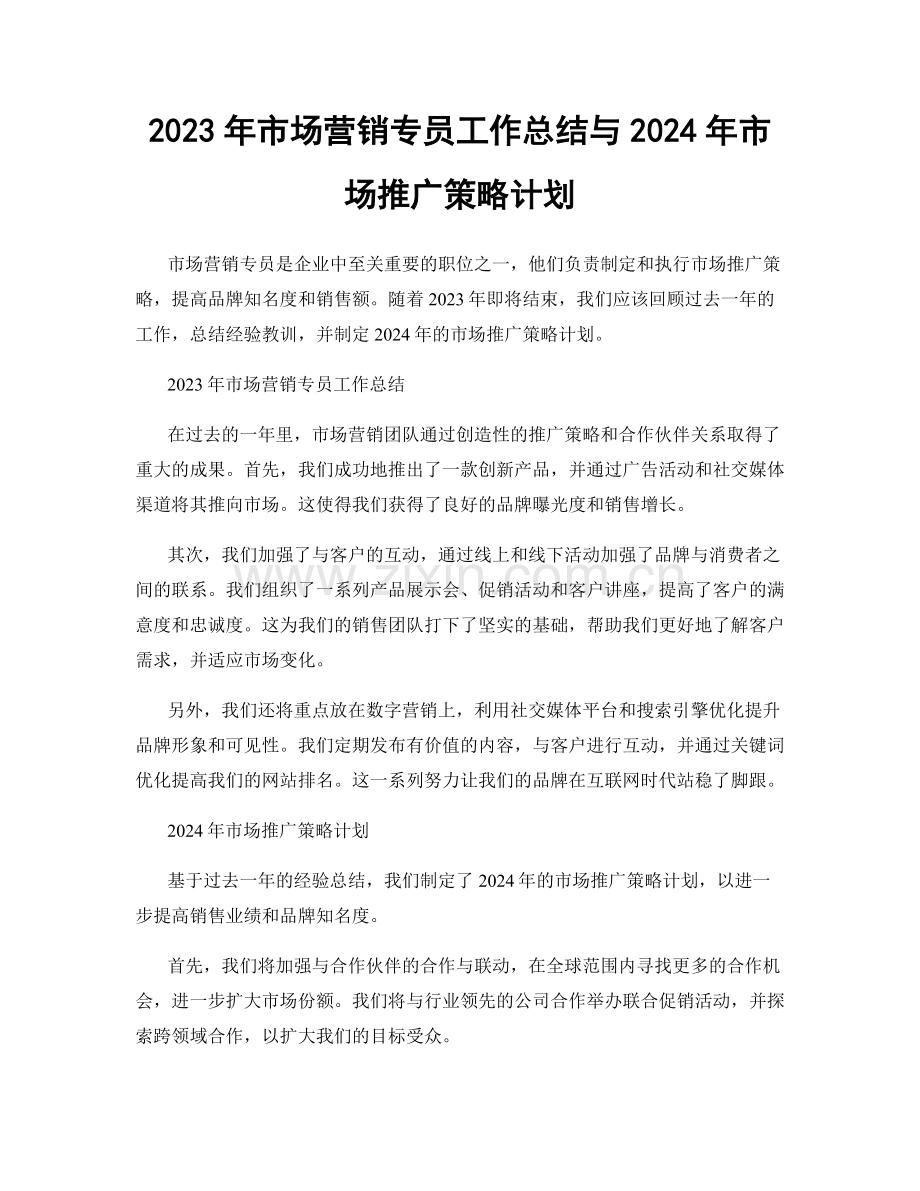 2023年市场营销专员工作总结与2024年市场推广策略计划.docx_第1页