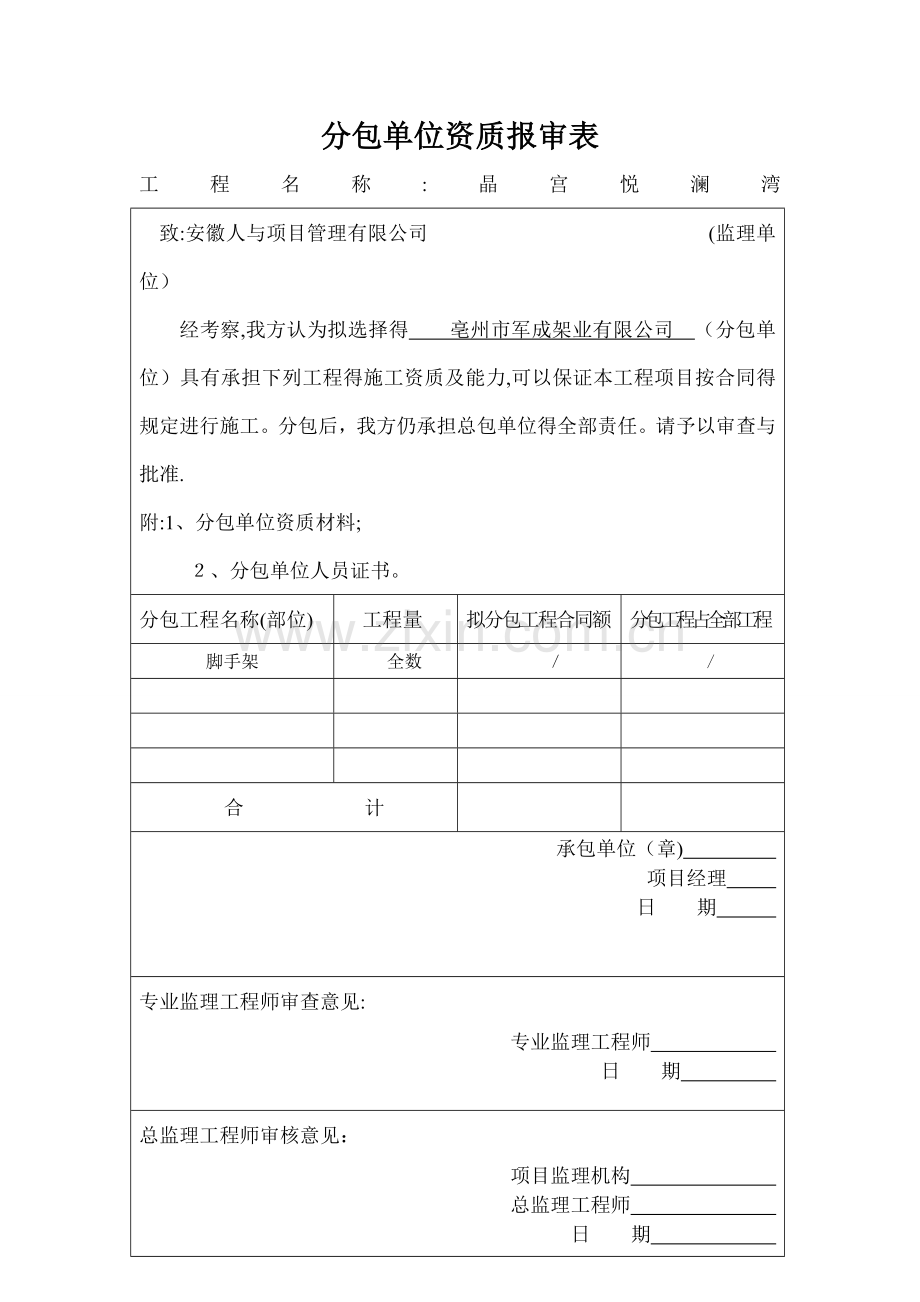 分包单位资格报审表.doc_第1页