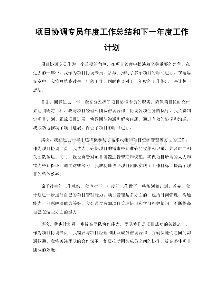 项目协调专员年度工作总结和下一年度工作计划.docx_第1页