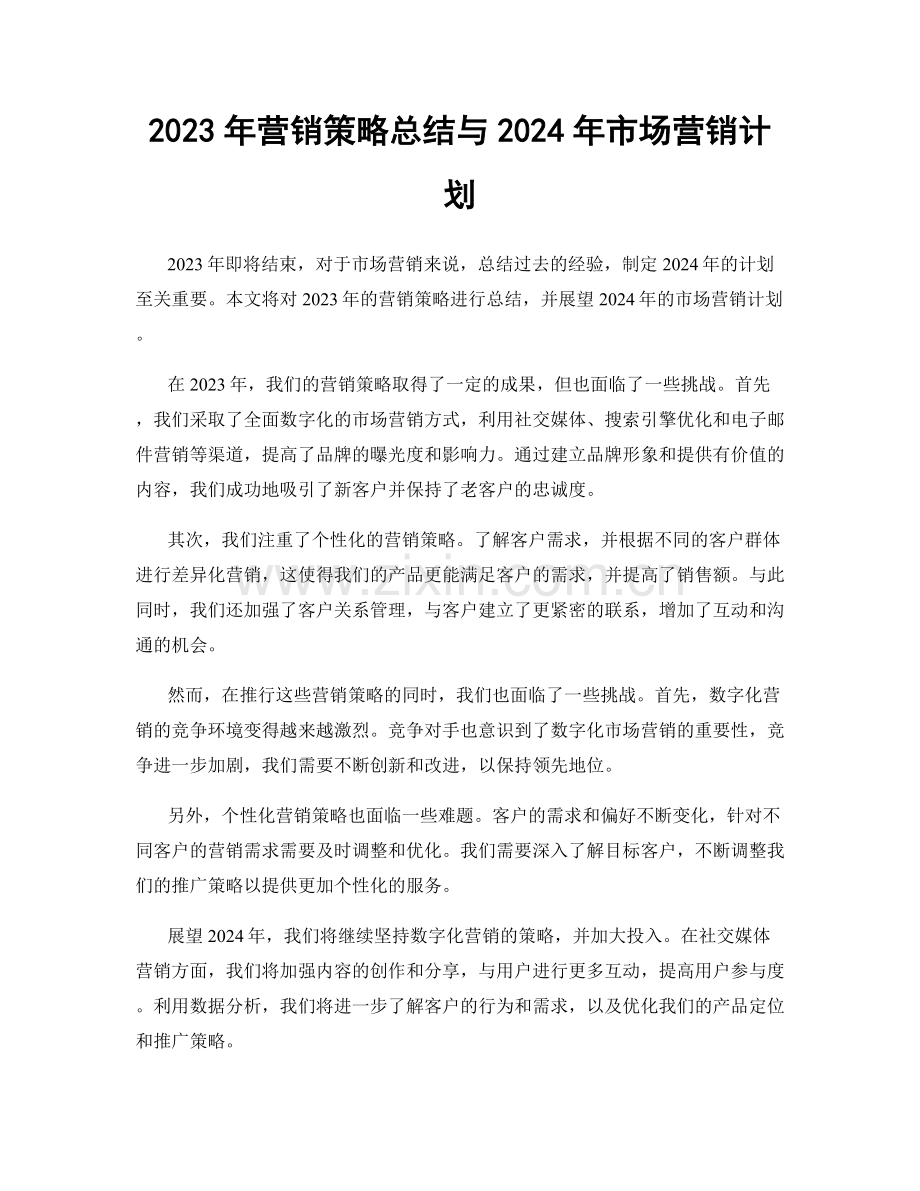 2023年营销策略总结与2024年市场营销计划.docx_第1页