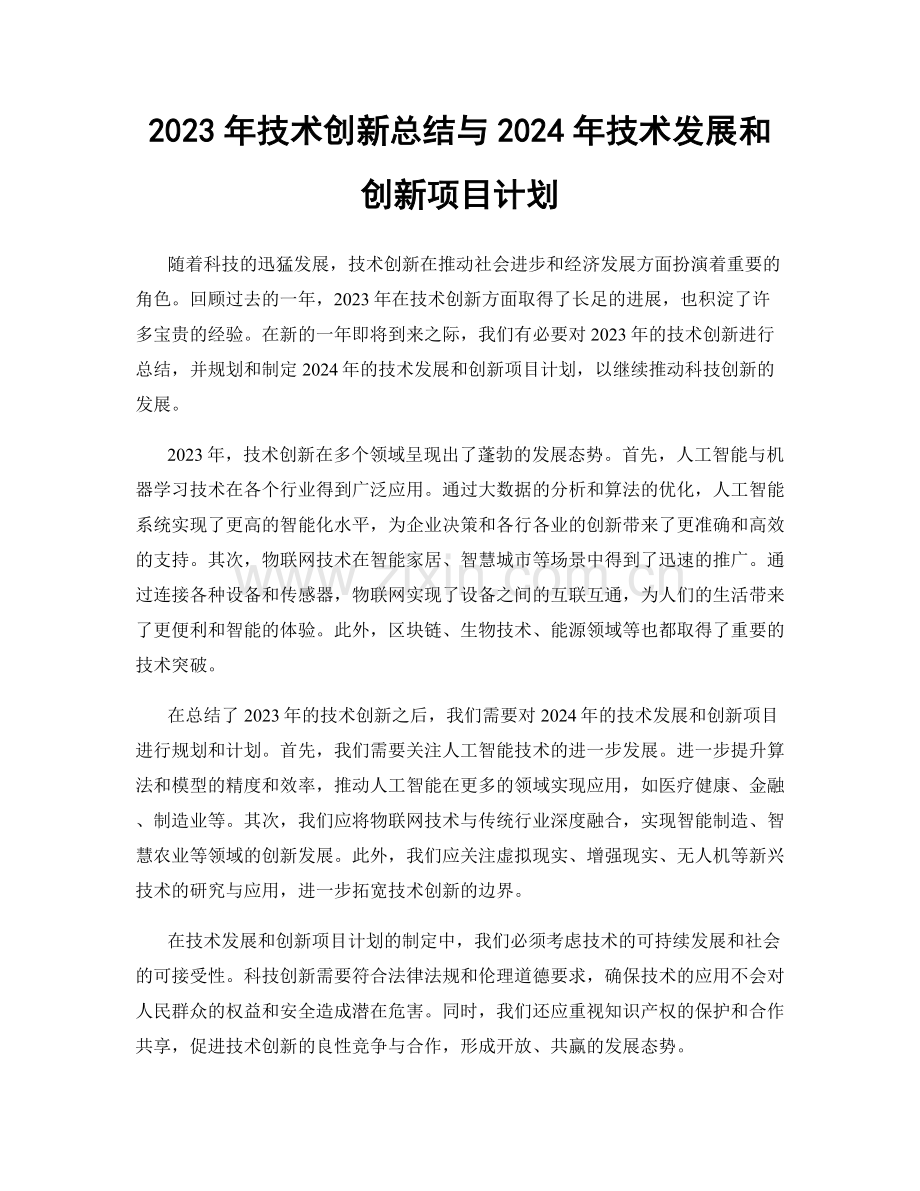 2023年技术创新总结与2024年技术发展和创新项目计划.docx_第1页