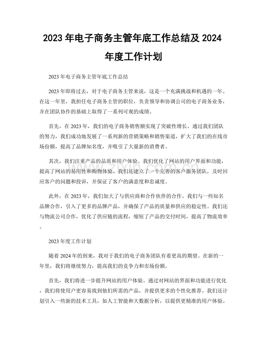 2023年电子商务主管年底工作总结及2024年度工作计划.docx_第1页