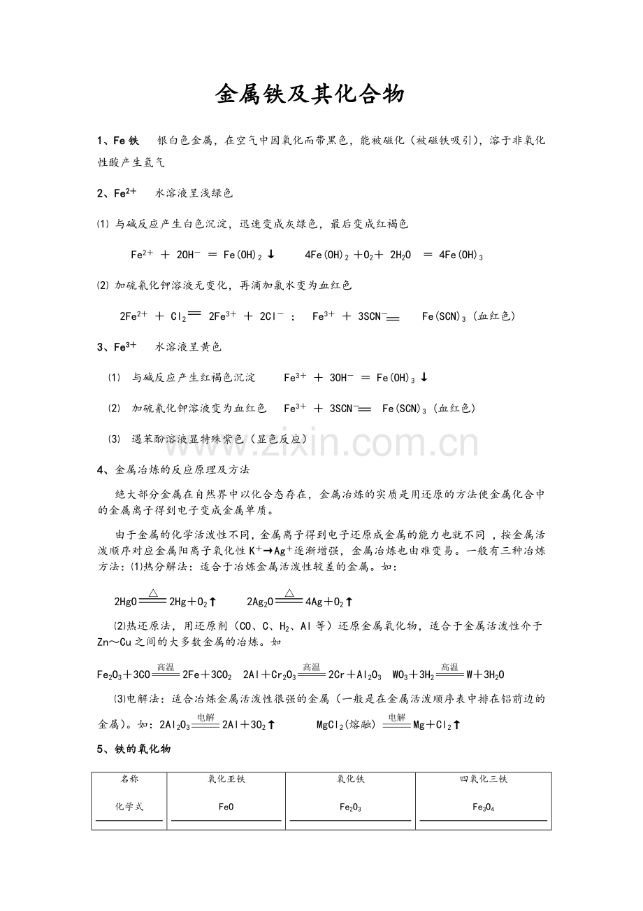 高一必修一化学金属铁及其化合物知识总结与习题(含答案).doc_第1页