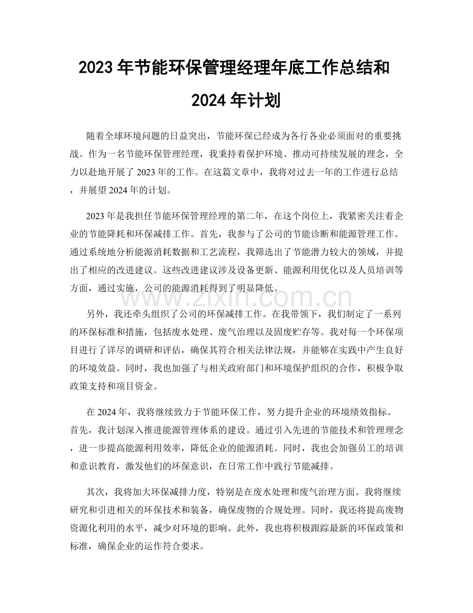 2023年节能环保管理经理年底工作总结和2024年计划.docx_第1页