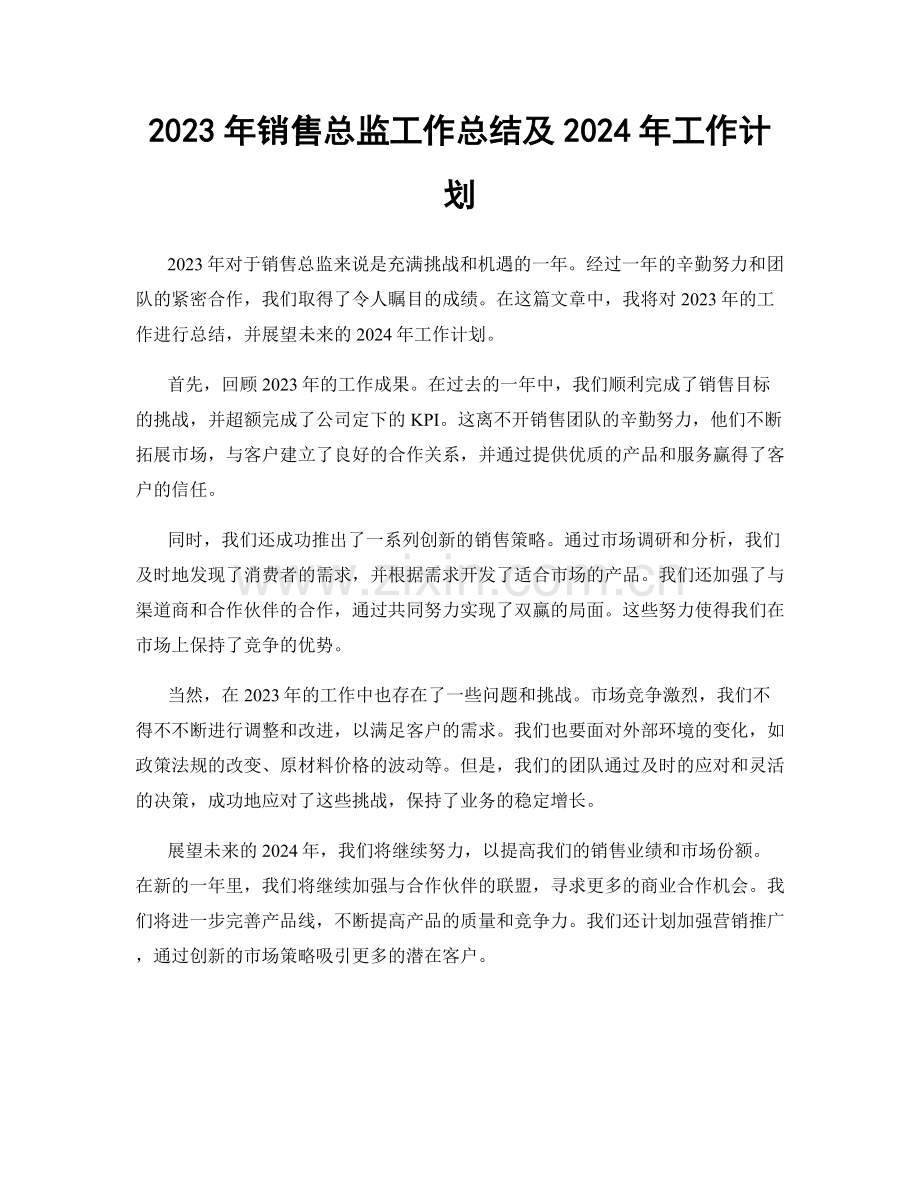 2023年销售总监工作总结及2024年工作计划.docx_第1页