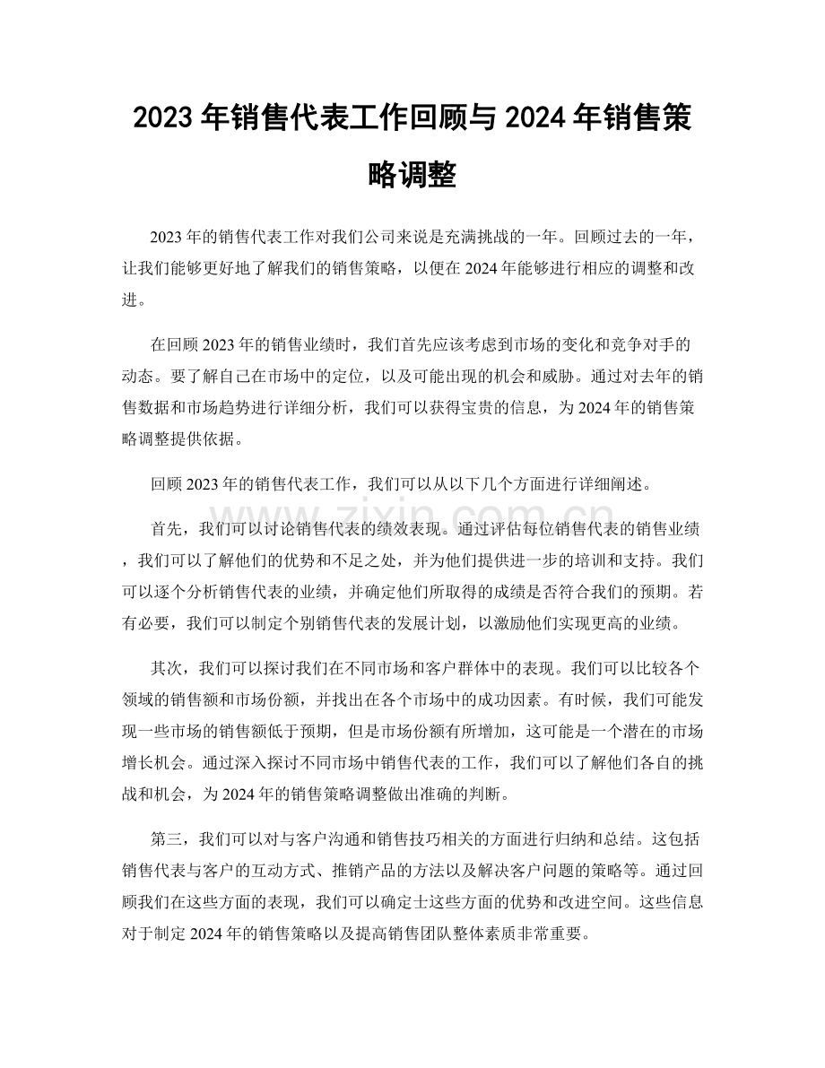 2023年销售代表工作回顾与2024年销售策略调整.docx_第1页