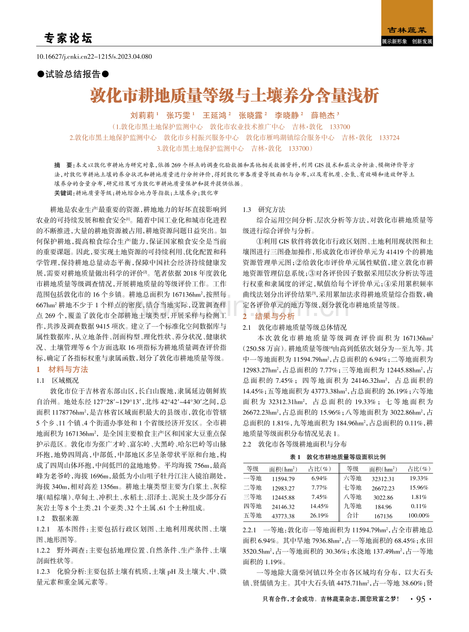敦化市耕地质量等级与土壤养分含量浅析.pdf_第1页