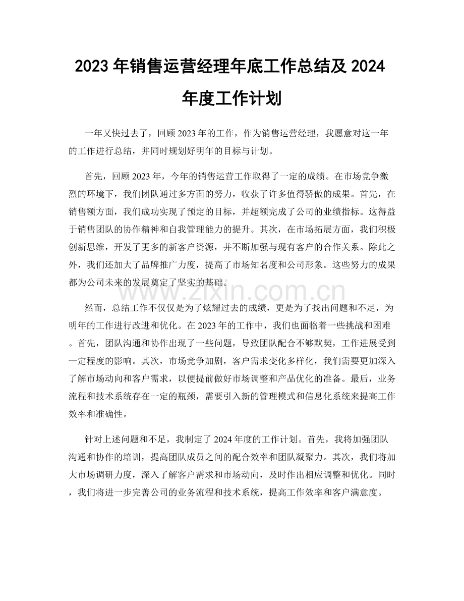 2023年销售运营经理年底工作总结及2024年度工作计划.docx_第1页