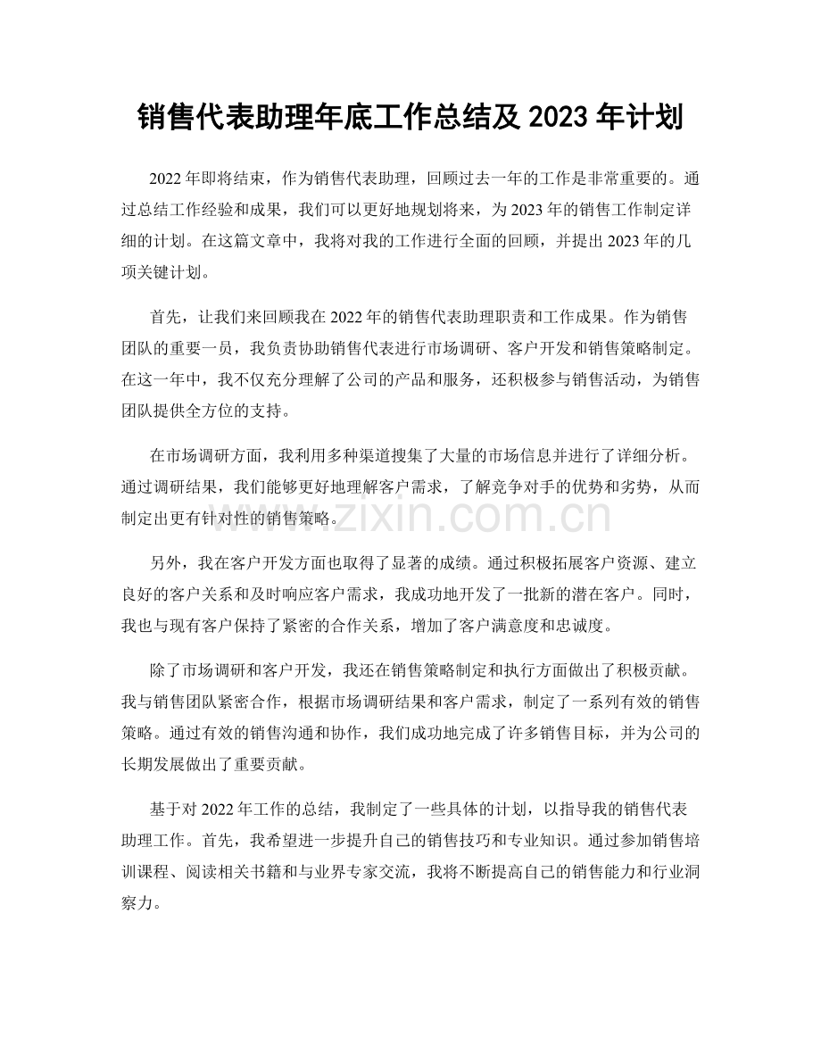 销售代表助理年底工作总结及2023年计划.docx_第1页
