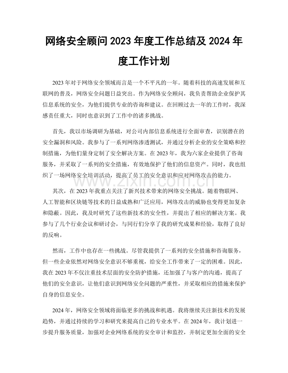网络安全顾问2023年度工作总结及2024年度工作计划.docx_第1页