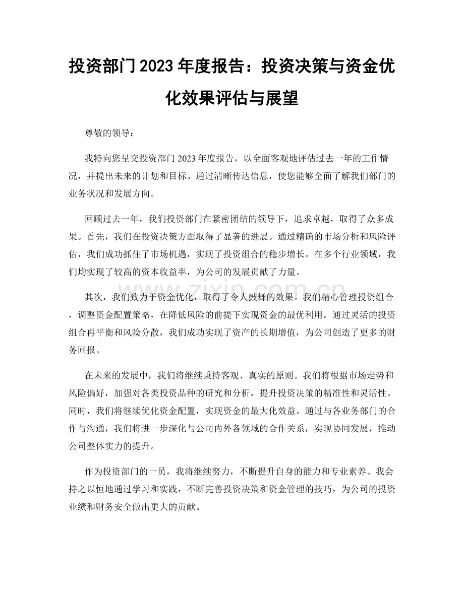 投资部门2023年度报告：投资决策与资金优化效果评估与展望.docx_第1页