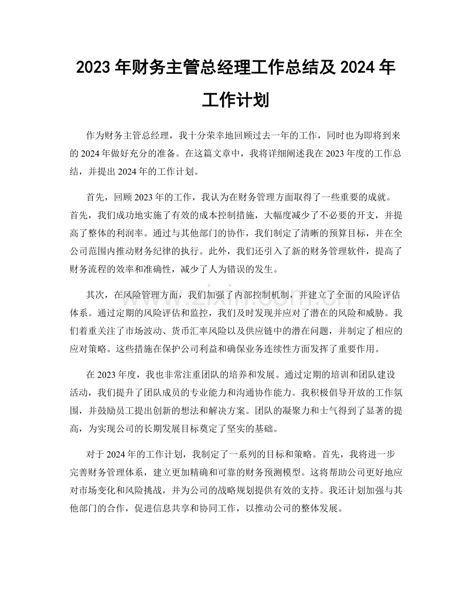 2023年财务主管总经理工作总结及2024年工作计划.docx_第1页