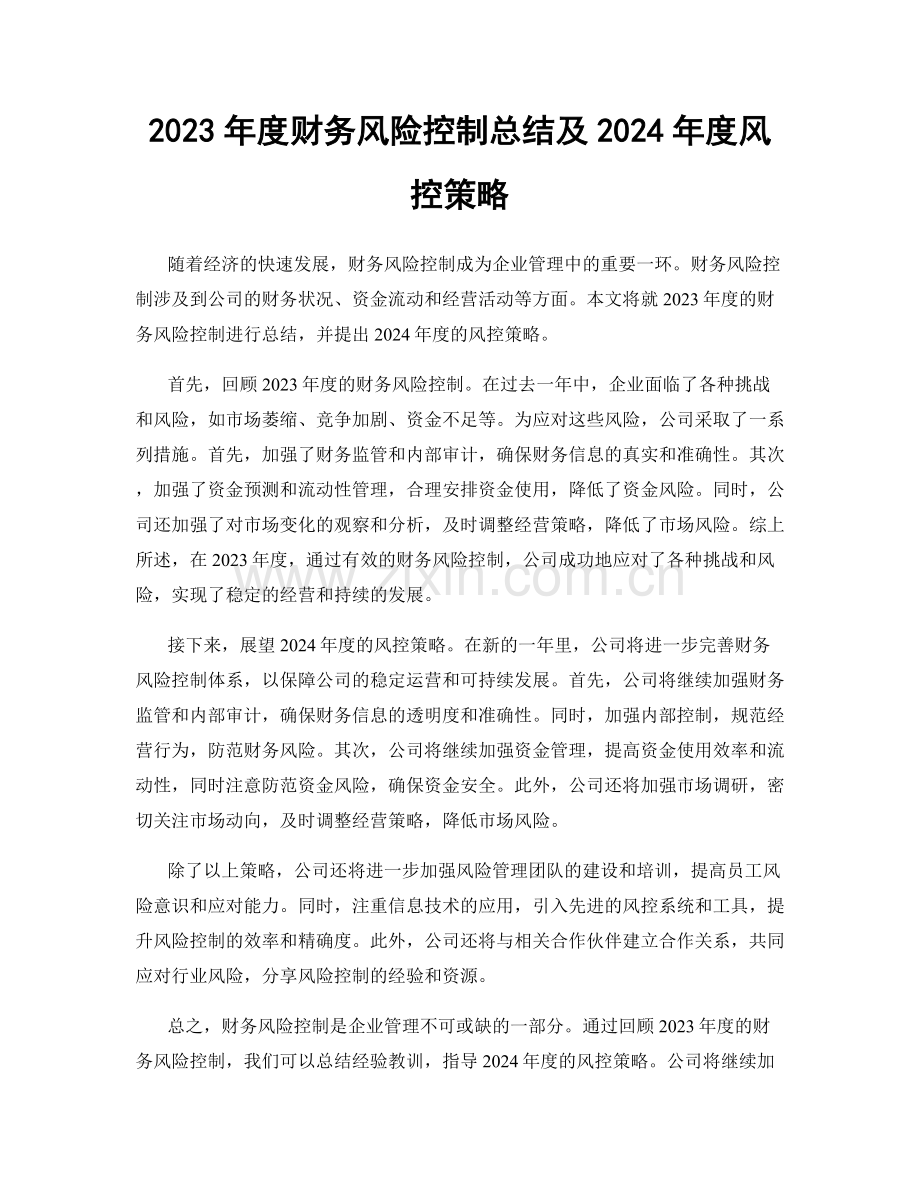 2023年度财务风险控制总结及2024年度风控策略.docx_第1页