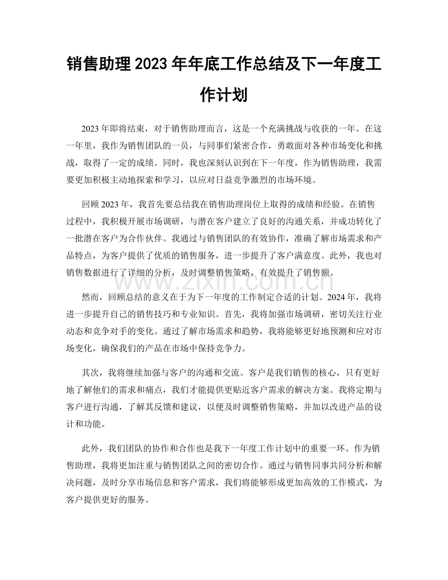 销售助理2023年年底工作总结及下一年度工作计划.docx_第1页