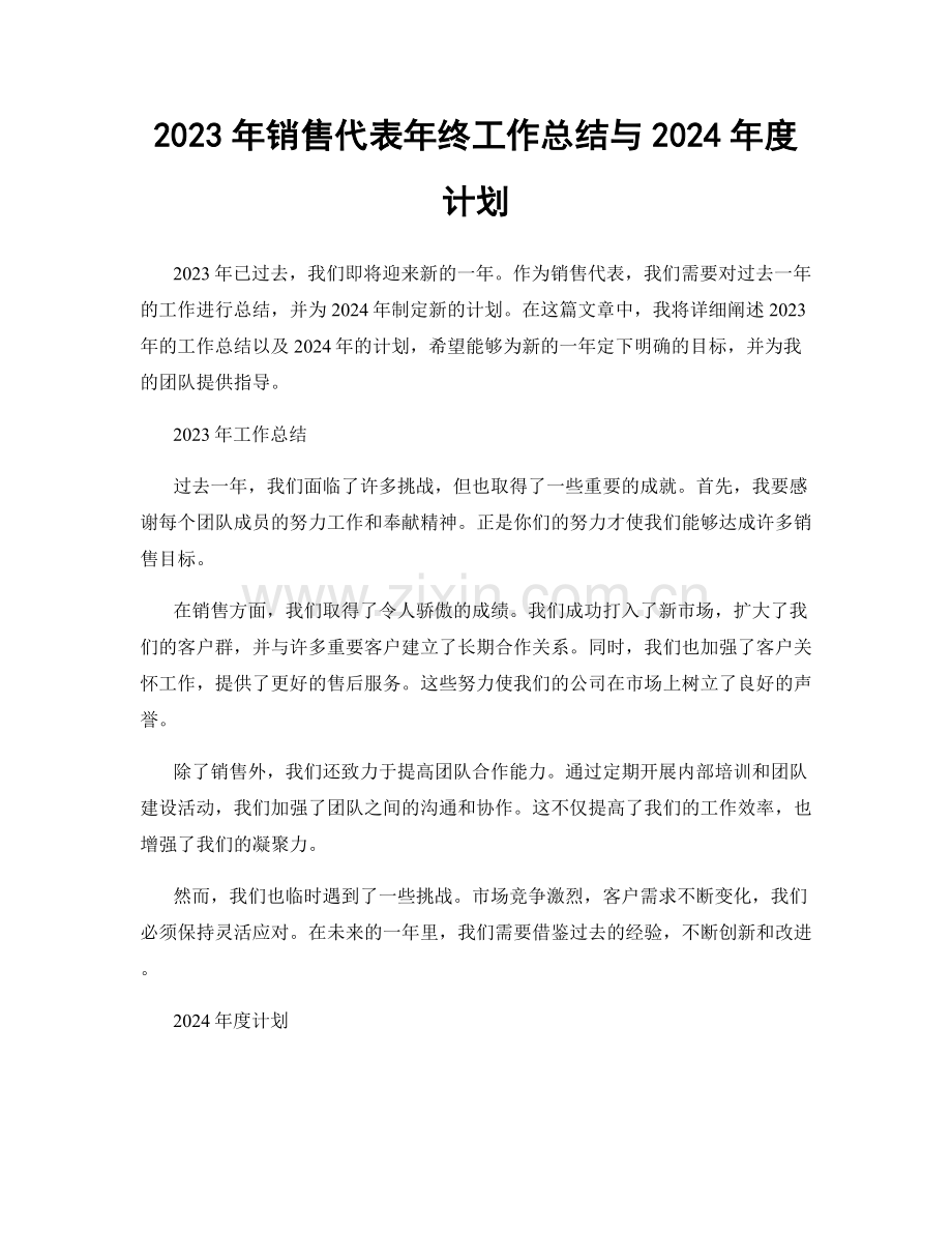 2023年销售代表年终工作总结与2024年度计划.docx_第1页