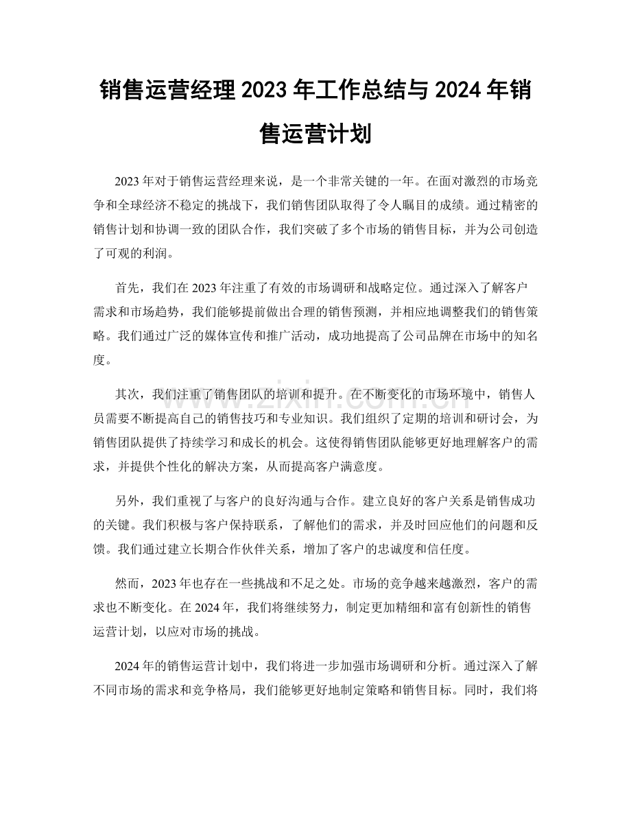 销售运营经理2023年工作总结与2024年销售运营计划.docx_第1页