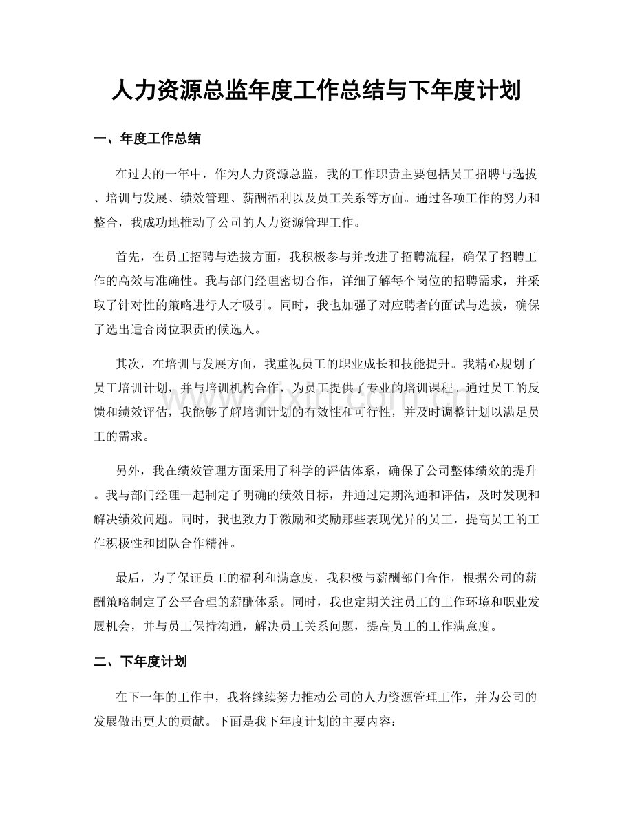 人力资源总监年度工作总结与下年度计划.docx_第1页
