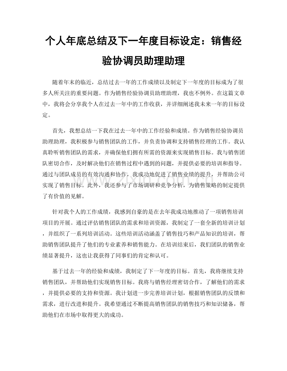个人年底总结及下一年度目标设定：销售经验协调员助理助理.docx_第1页