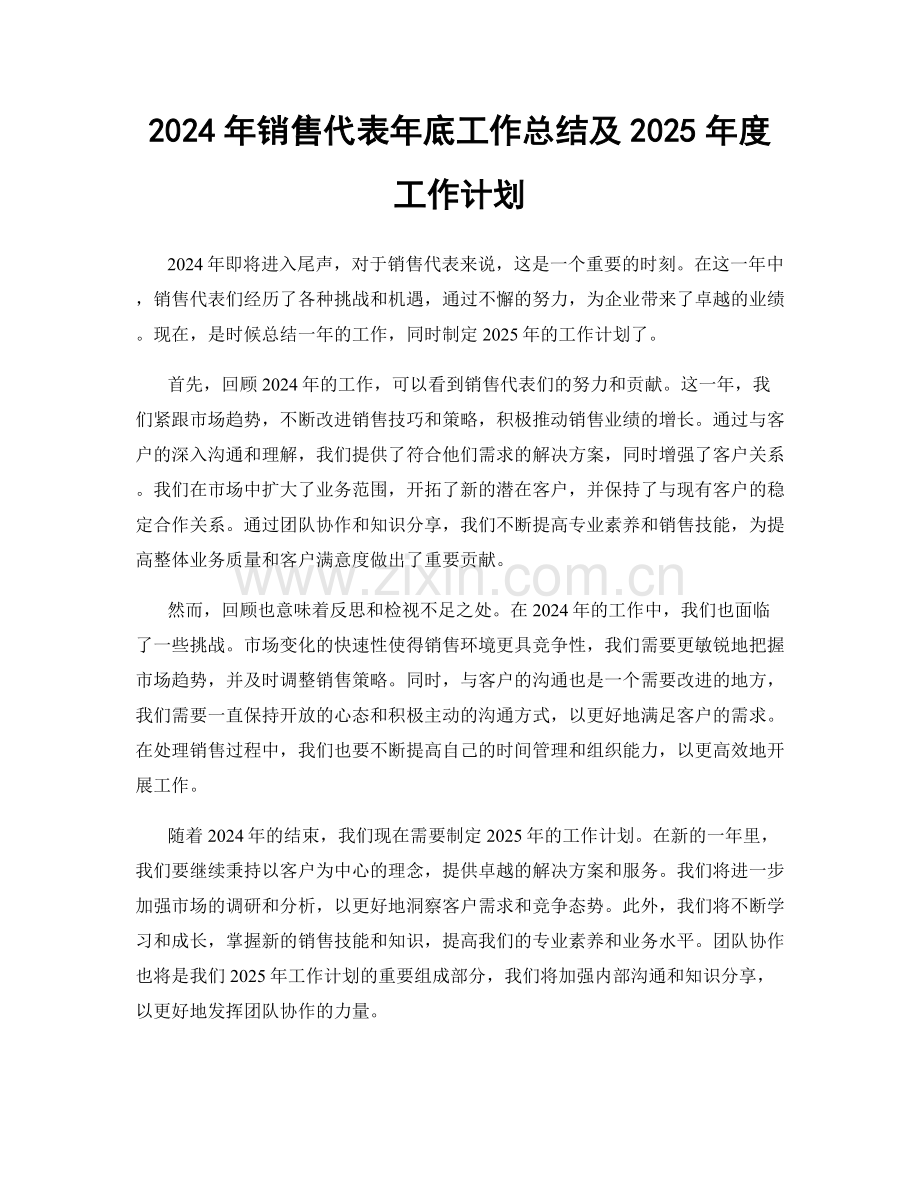 2024年销售代表年底工作总结及2025年度工作计划.docx_第1页