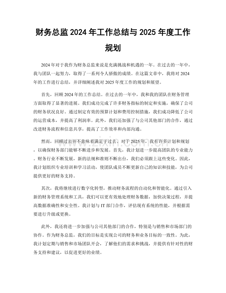 财务总监2024年工作总结与2025年度工作规划.docx_第1页