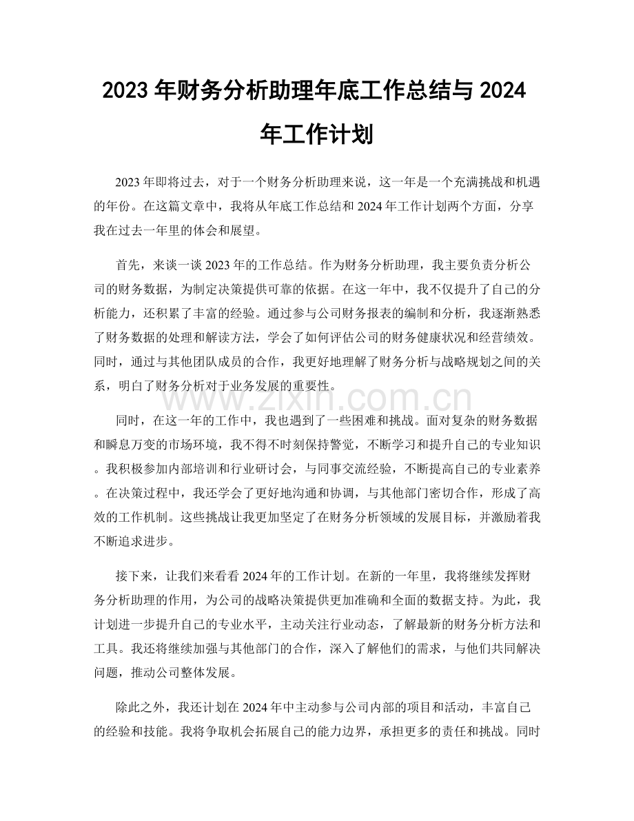 2023年财务分析助理年底工作总结与2024年工作计划.docx_第1页