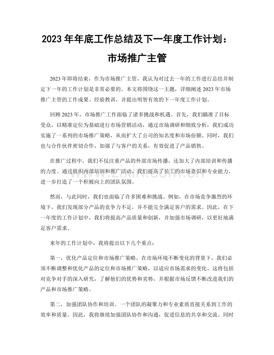 2023年年底工作总结及下一年度工作计划：市场推广主管.docx_第1页