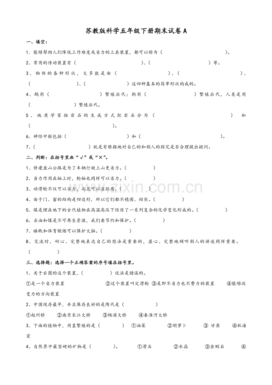 苏教版科学五年级下册期末试卷A-B-C-D.doc_第1页