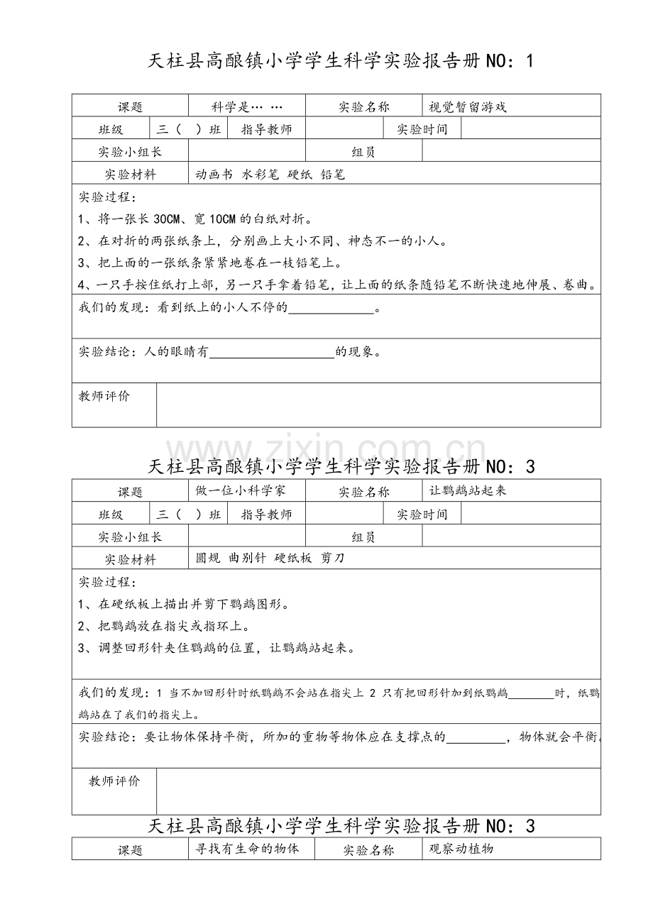 苏教版小学三年级科学上册实验报告册.doc_第1页