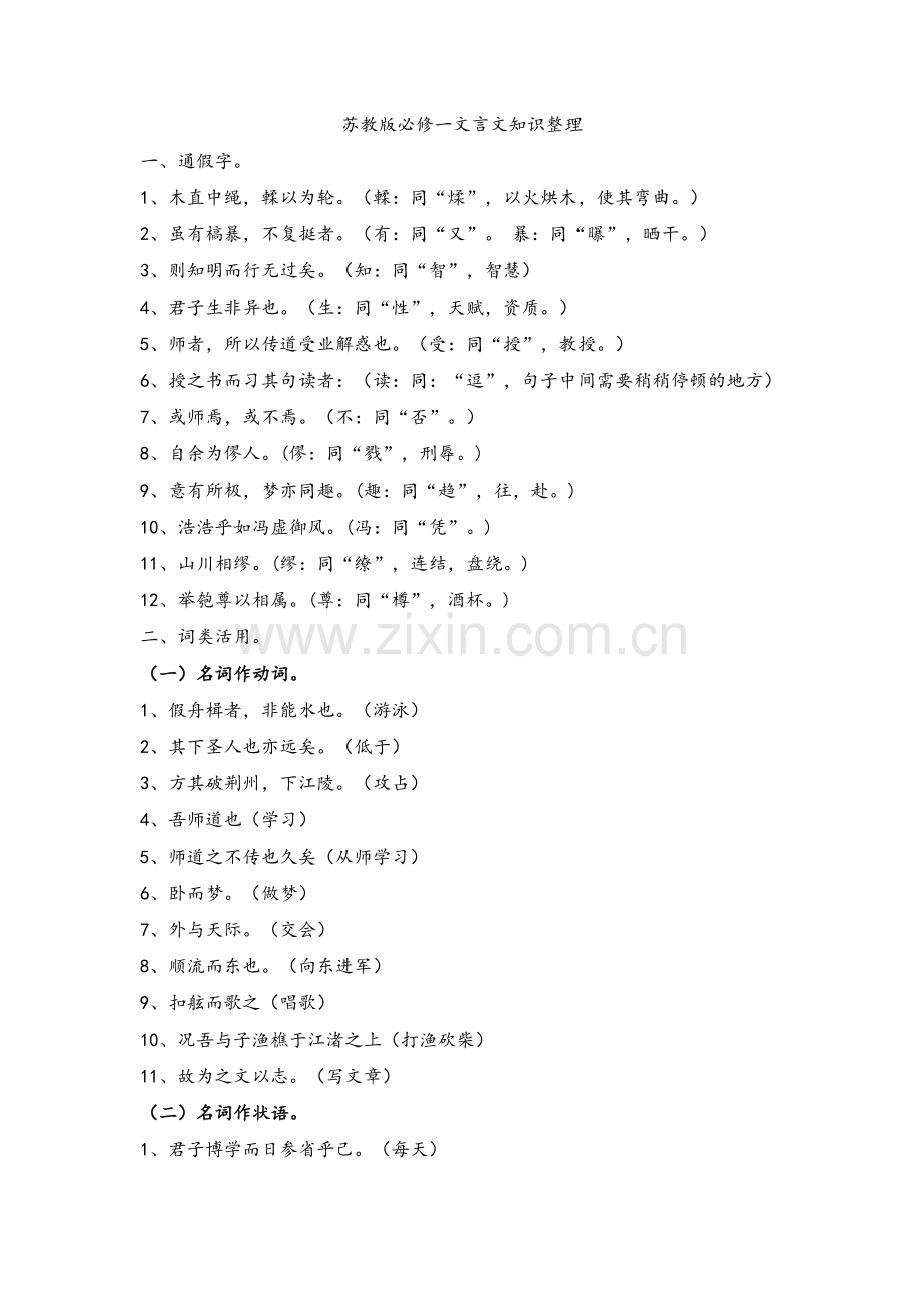 苏教版必修一文言文知识整理(教师版).doc_第1页