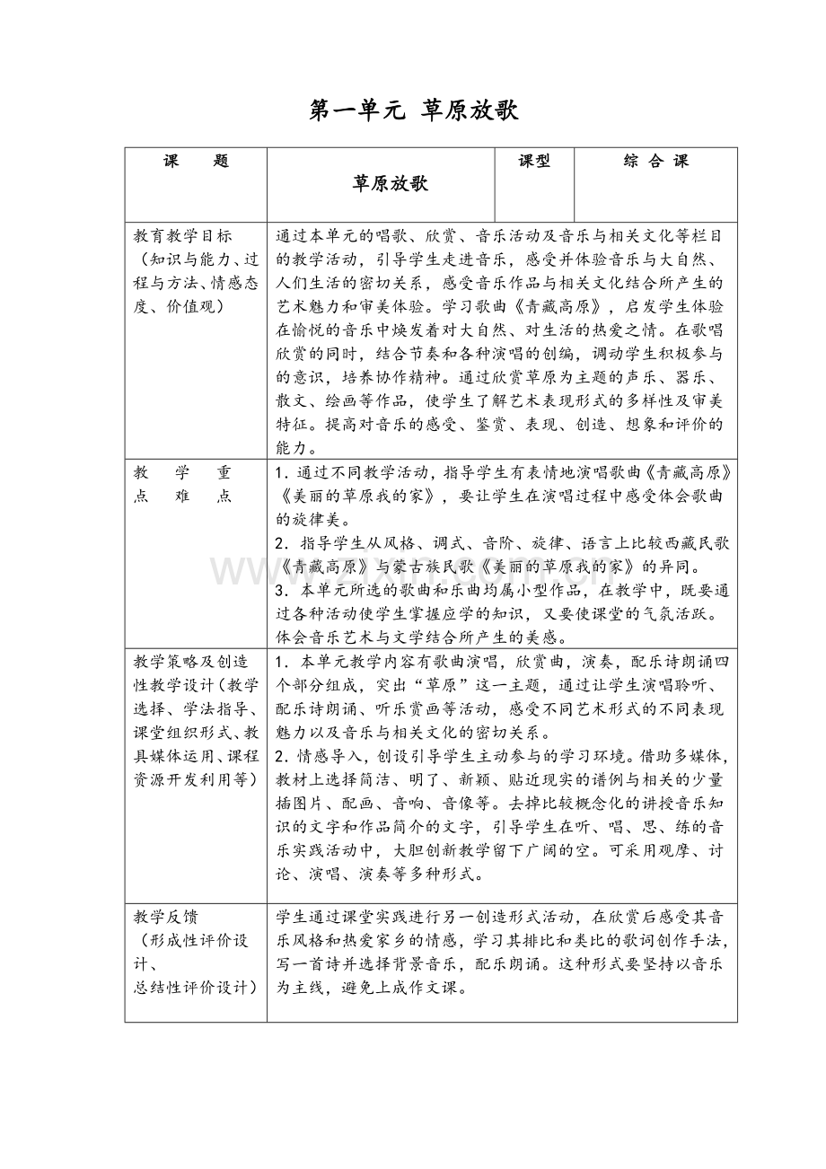苏教版初中八年级音乐上册共6单元教案.doc_第1页